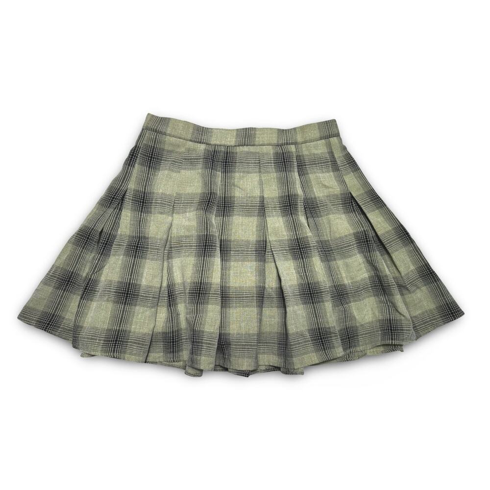 LUSH Olive Plaid Pleated Mini Skater Skirt Size Medium/ 28